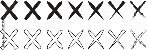 Cross icons set in black flat and outline styles. Wrong mark symbols. NO button for checkbox voting. Disagree tick box symbols. Cross X signs. Cross brush vectors isolated on transparent background.