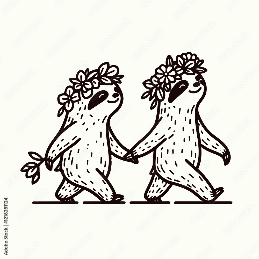 Fototapeta premium Two cute sloths adorned with flower crowns walk hand-in-hand, embodying a whimsical and joyful moment.