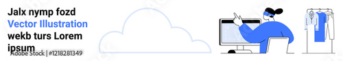 Designer pointing to screen on desk, cloud outline in center, clothes rack with garments on right. Ideal for technology, design, fashion, online collaboration, cloud services, presentation