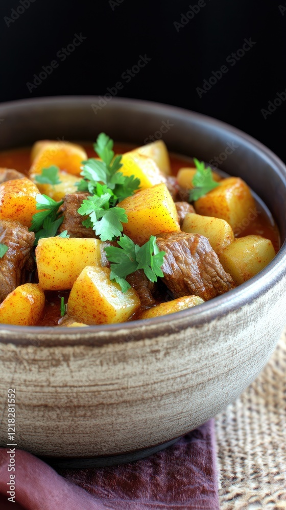 Spicy Beef Stew with Potatoes, Cilantro Garnish, Rustic Bowl Spicy Beef Stew with Potatoes, Cilantro Garnish, Rustic Bowl