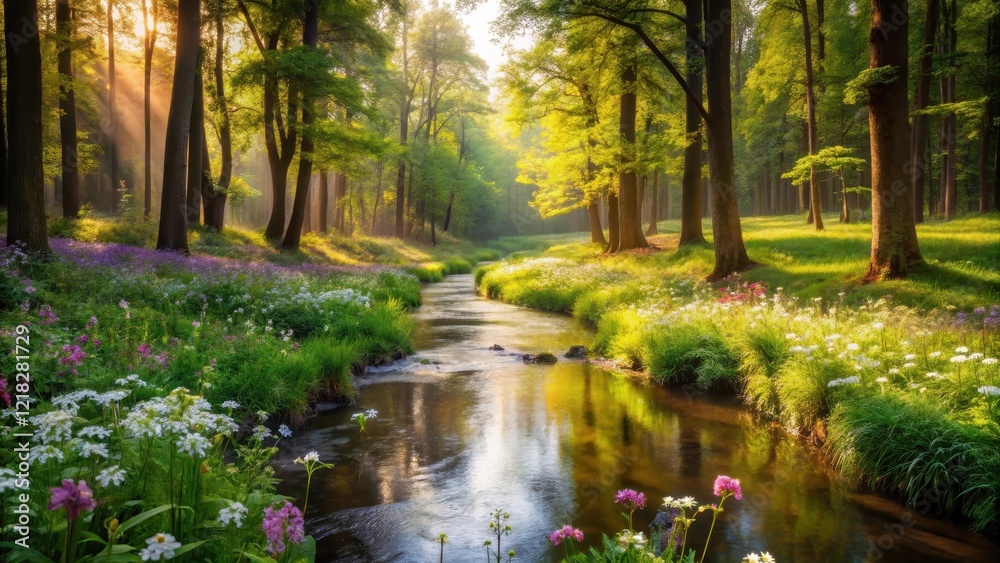 Obraz premium Soothing forest landscape with a gentle stream and blooming wildflowers, evoking feelings of calmness and serenity , tranquility , calming scenery