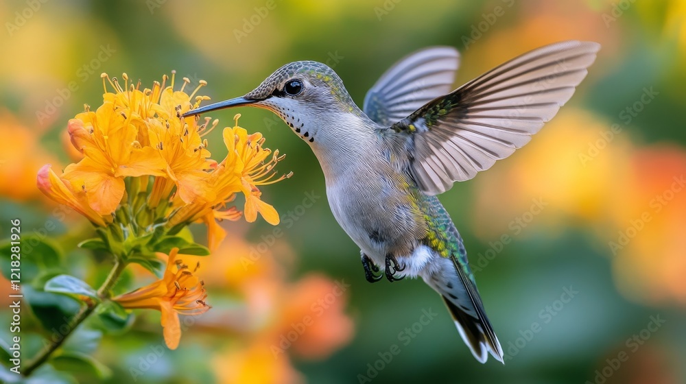 Naklejka premium Hummingbird feeding on orange flower.