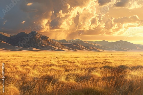 Serene golden landscape at sunset with rolling hills and dramatic clouds in the background photo