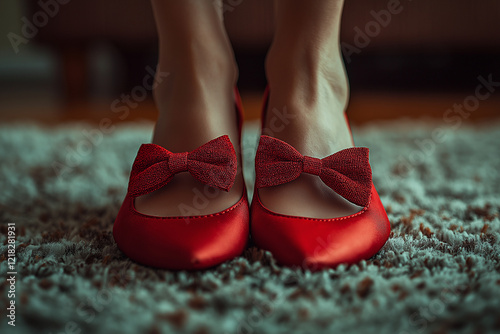 Playful red ballet flats with a rounded toe and bow detail, offering a comfortable yet cute option for outdoor activities. Ideal for a stylish and feminine vibe on a casual day out. photo