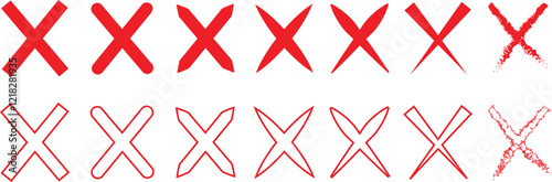 Cross sign icons set in red flat and outline styles. Wrong mark symbols. NO button for checkbox voting. Disagree tick box symbol. Cross X signs. Cross brush vectors isolated on transparent background.