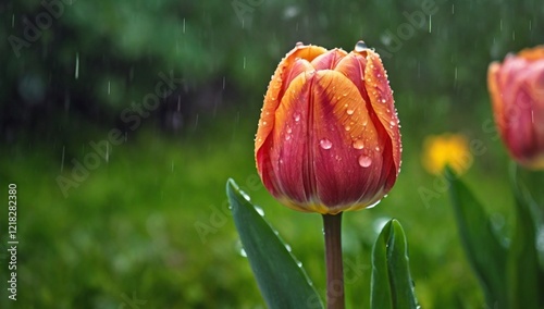 Single Flower in Spring Rain. Horizontal photo of single Tulip flower in April rain shower with green background
