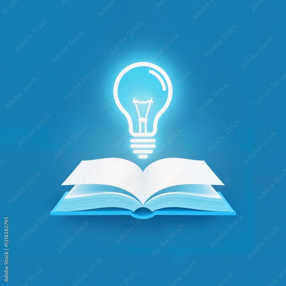 Open book with glowing light bulb above on blue background Open book with glowing light bulb above on blue background