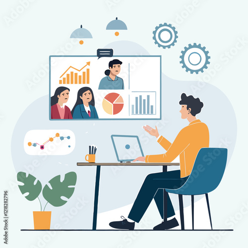 Set flat vector illustration design style concept. Business cartoon character design. Teamwork and online video conference meeting. Data analytics. Finance investment