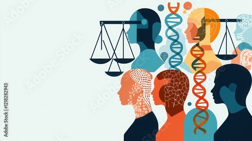 A stylized graphic depicting diverse human figures, scales of justice, and DNA strands, symbolizing the intersection of law, ethics, and genetics.