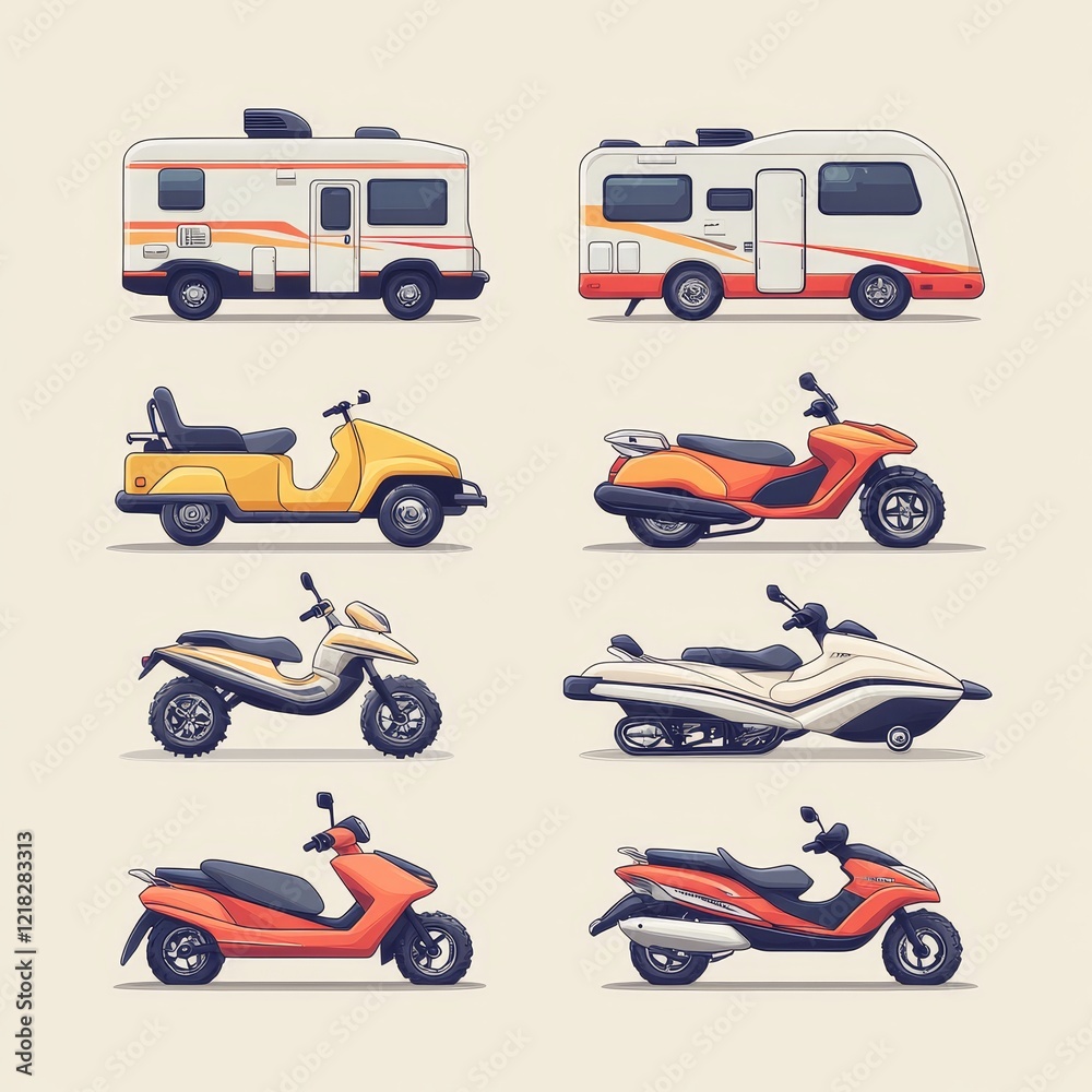 Fototapeta premium Collection of Colorful Motorized Vehicles Scooters ATVs and Campervans