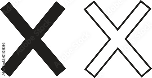 Cross icons set in black flat and outline styles. Wrong mark symbols. NO button for checkbox voting. Disagree tick box symbols. Cross X signs. Cross brush vectors isolated on transparent background.