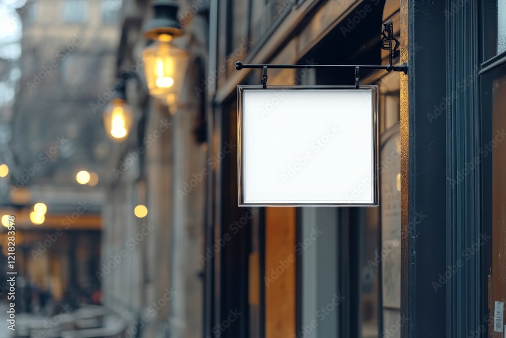 Blank Signboard on Urban Street in Soft Morning Light Blank Signboard on Urban Street in Soft Morning Light