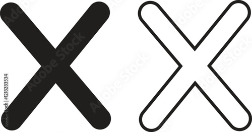 Cross icons set in black flat and outline styles. Wrong mark symbols. NO button for checkbox voting. Disagree tick box symbols. Cross X signs. Cross brush vectors isolated on transparent background.