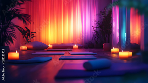 3D Rendered Interior Design with Colorful Lighting and Candles