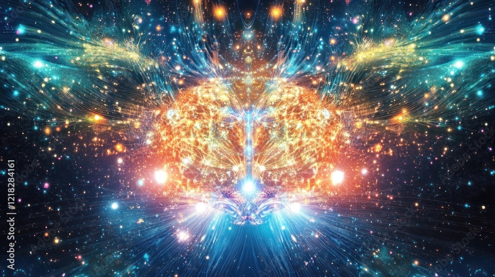 Naklejka premium Abstract cosmic brain, energy, light, and galaxy.