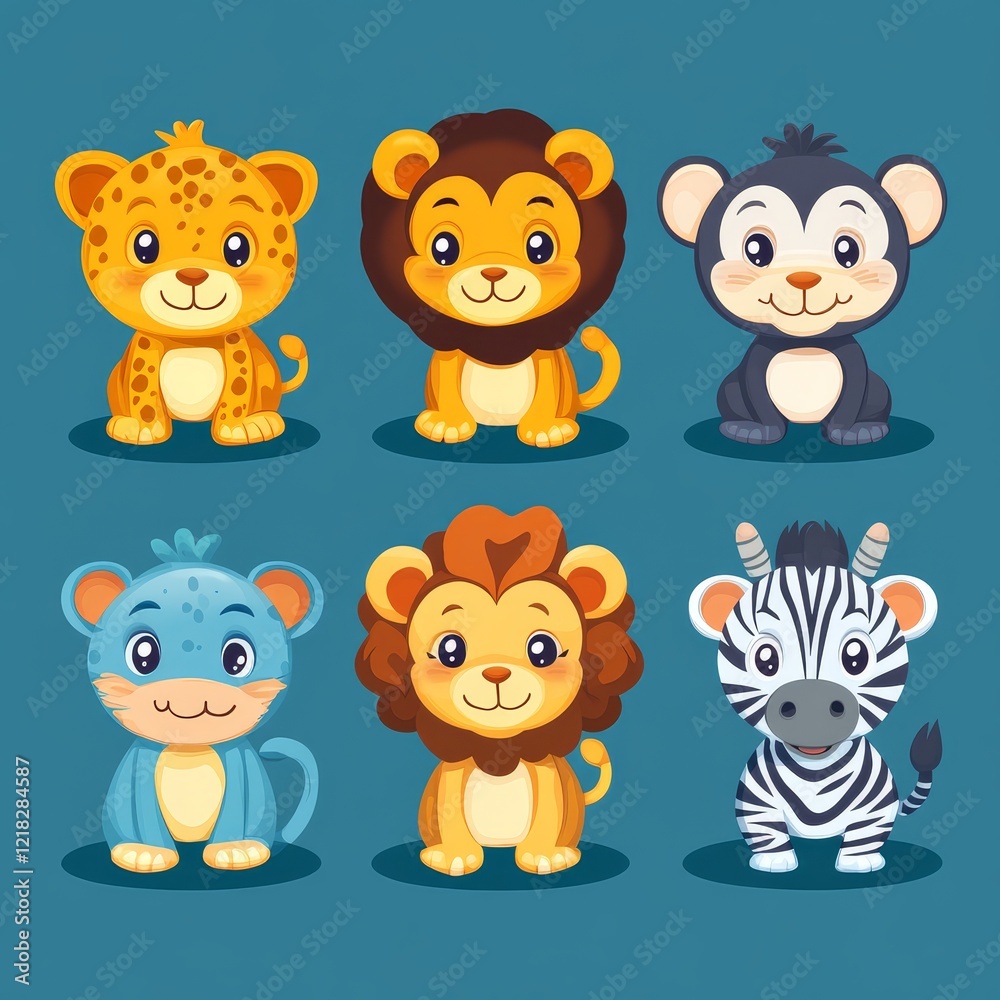 Fototapeta premium Adorable Cartoon Safari Animals Lion Zebra Monkey Jaguar Cute Baby Wildlife Illustration Set