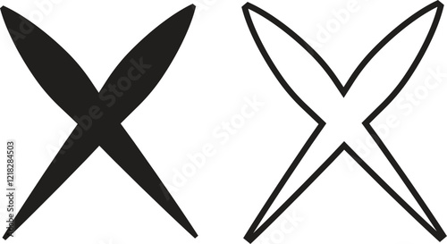 Cross icons set in black flat and outline styles. Wrong mark symbols. NO button for checkbox voting. Disagree tick box symbols. Cross X signs. Cross brush vectors isolated on transparent background.
