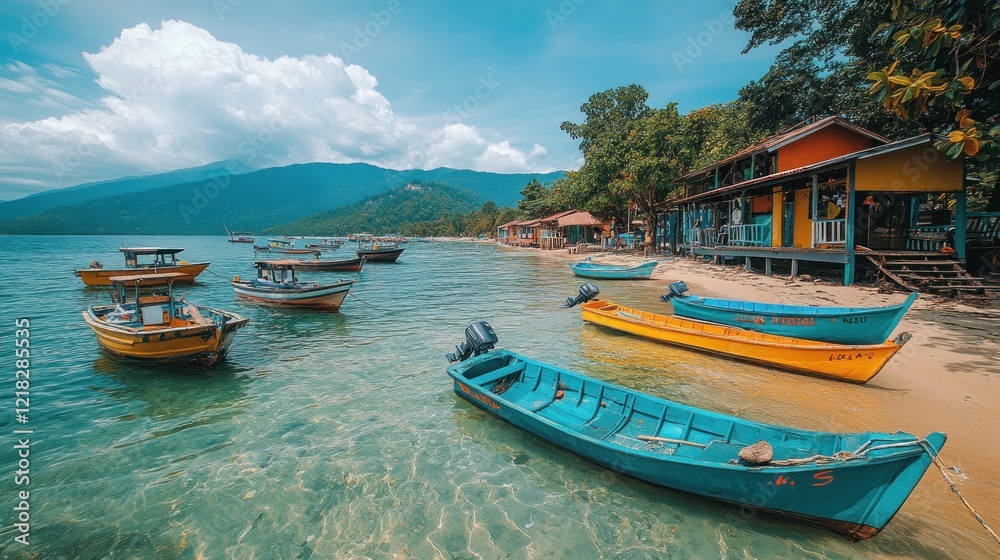 Fototapeta Colorful fishing boats on a tropical beach with clear water and houses.