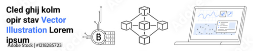 Blockchain technology with network nodes, Bitcoin mining rig, and data analysis on laptop. Ideal for cryptocurrency websites, tech presentations, educational materials, fintech blogs, investment