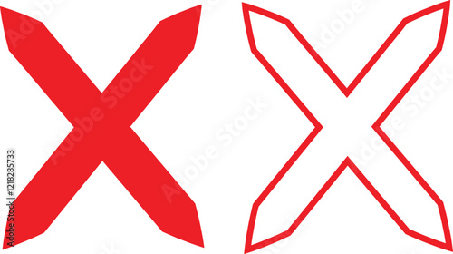 Cross sign icons set in red flat and outline styles. Wrong mark symbols. NO button for checkbox voting. Disagree tick box symbol. Cross X signs. Cross brush vectors isolated on transparent background.