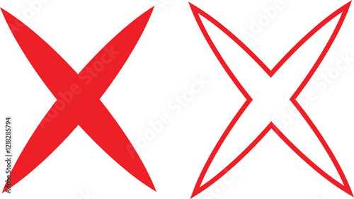 Cross sign icons set in red flat and outline styles. Wrong mark symbols. NO button for checkbox voting. Disagree tick box symbol. Cross X signs. Cross brush vectors isolated on transparent background.