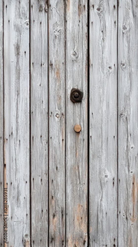 Naklejka premium Weathered grey wooden door with old iron hardware.