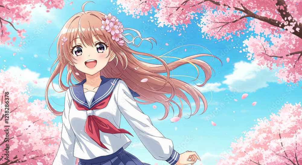 Cheerful girl with long hair with cherry blossoms and school uniform. Anime cartoon illustration Cheerful girl with long hair with cherry blossoms and school uniform. Anime cartoon illustration