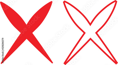 Cross sign icons set in red flat and outline styles. Wrong mark symbols. NO button for checkbox voting. Disagree tick box symbol. Cross X signs. Cross brush vectors isolated on transparent background.