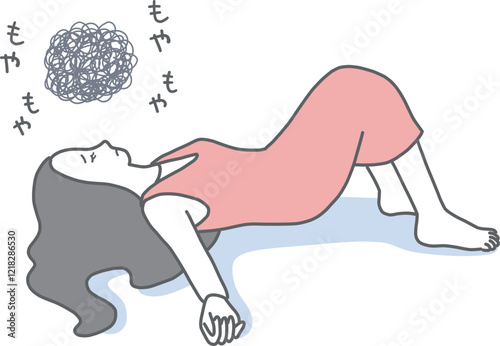 仰向けで寝ながら悩んでいる女性のイラスト素材