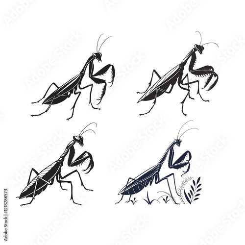 Set of silhouettes of big mantises.