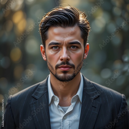 Close-up portrait of a handsome, smiling man with a beard, outdoors