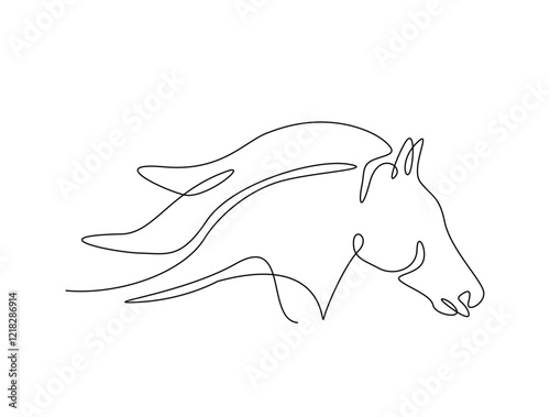 Continuous line art drawing of horse head design. Stallion head single line art drawing vector illustration. Editable stroke.