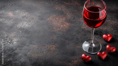 Romantic Valentine's Day Still Life: Red Wine and Chocolate Hearts photo