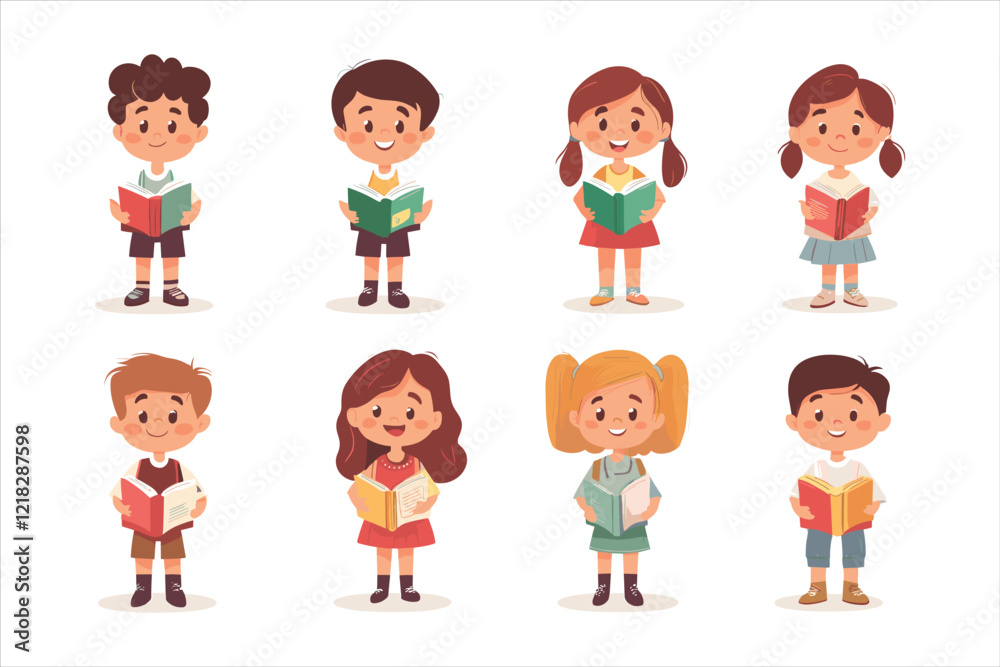 School kids. Cartoon children with books, happy cute boys and girls characters. Multiethnic cute kids waving with books. School kids. Cartoon children with books, happy cute boys and girls characters. Multiethnic cute kids waving with books.