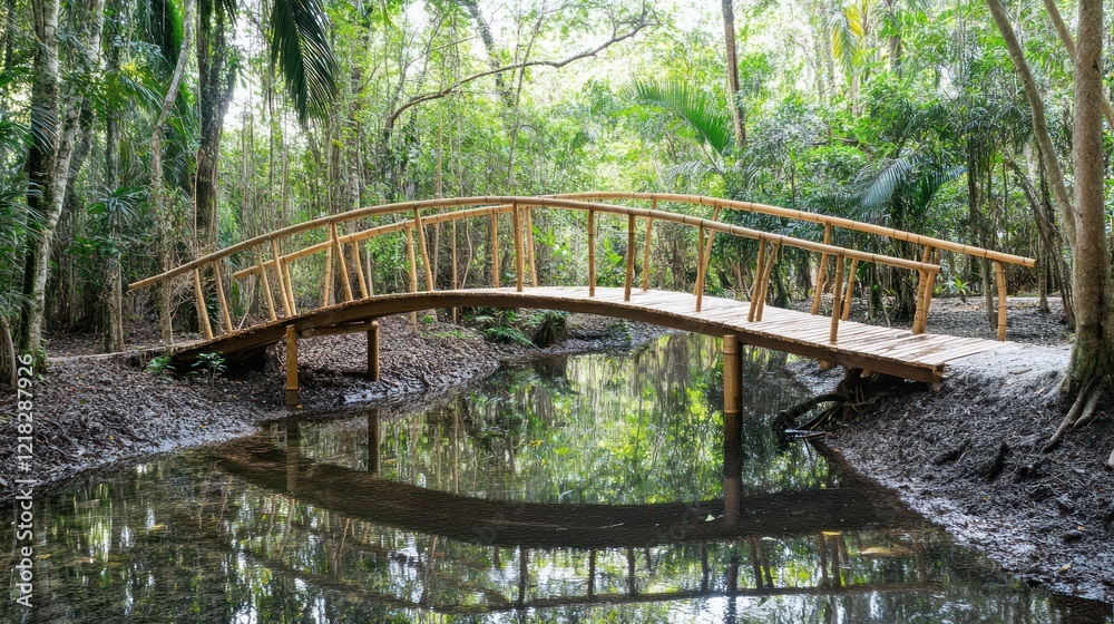 Serene Bamboo Bridge Over Tranquil Waters in Lush Tropical Forest