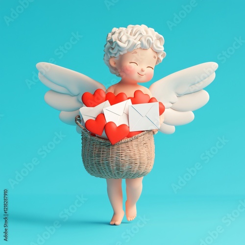 Adorable Cupid Angel Carrying Basket of Hearts and Love Letters Valentine s Day photo