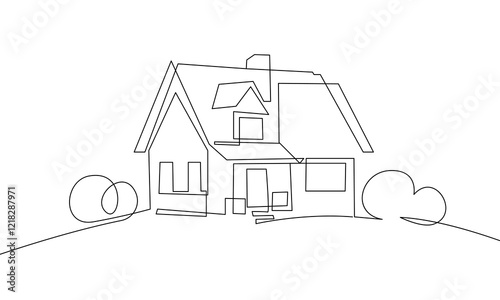 Country House Continuous Line Art Drawing. Simple House Hand Drawn Vector Art, Continuous One Line Drawing. Home Outline Drawing for Minimalist Design Isolated on White Background. 