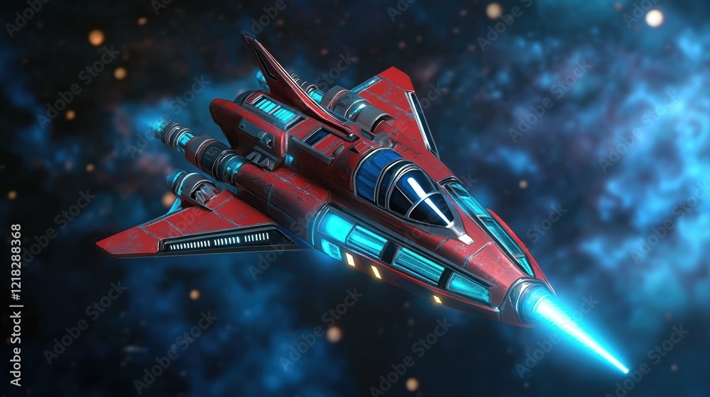 Obraz premium Red Spaceship in Nebula - Sci-Fi 3D Render - Sci-fi