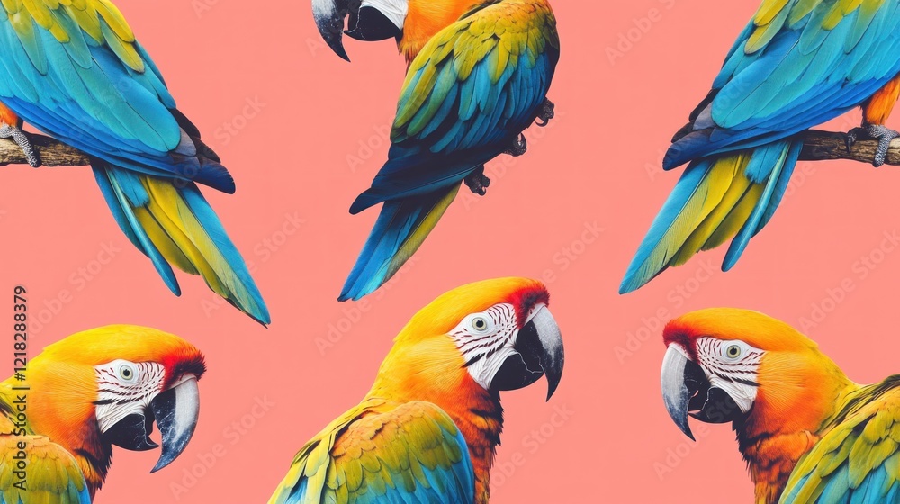 Obraz premium Colorful Macaws Pattern, Tropical Birds, Pink Background, Fabric Design