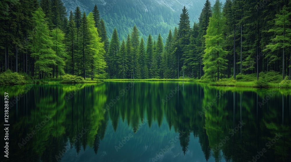 A serene lake surrounded by lush evergreen trees, their reflections creating a perfect mirror image A serene lake surrounded by lush evergreen trees, their reflections creating a perfect mirror image