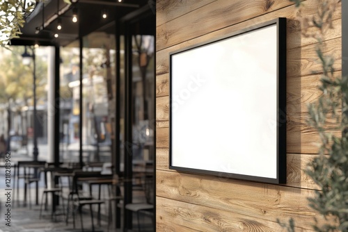 Blank Outdoor Frame on Wood Wall of Modern Café with Empty Space
