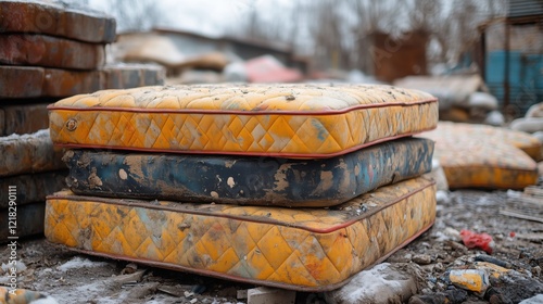Dirty used mattresses piled at recycling site 