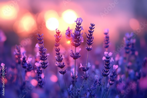 Soft-focus flowers in a field of lavender at dusk, with the gentle, fading light casting a serene, peaceful glow over the scene