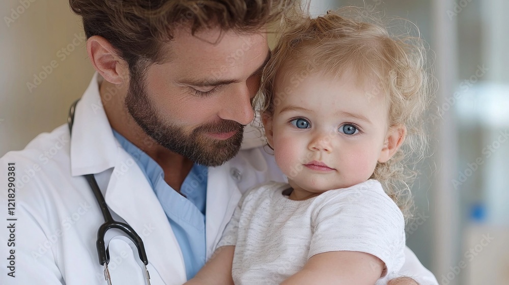 Caring Pediatrician Holding Young Girl in Doctor's Office with Warm Smile Caring Pediatrician Holding Young Girl in Doctor's Office with Warm Smile