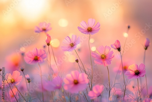 Soft-focus wildflowers bathed in the warm light of sunrise, creating a dreamy, tranquil scene with gentle hues