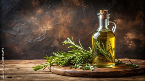 A rustic wooden table with a bottle of extra virgin olive oil surrounded by sprigs of fresh rosemary