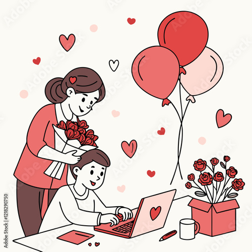 Valentine day girl and boy working
