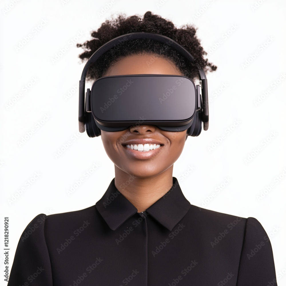Happy African American Woman Experiencing Virtual Reality Headset Technology Happy African American Woman Experiencing Virtual Reality Headset Technology