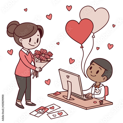 Valentine day girl and boy working