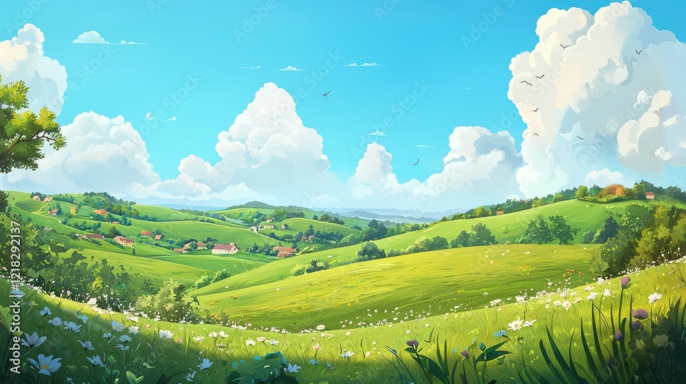 Fototapeta premium Idyllic Countryside Landscape with Rolling Green Hills and Charming Village